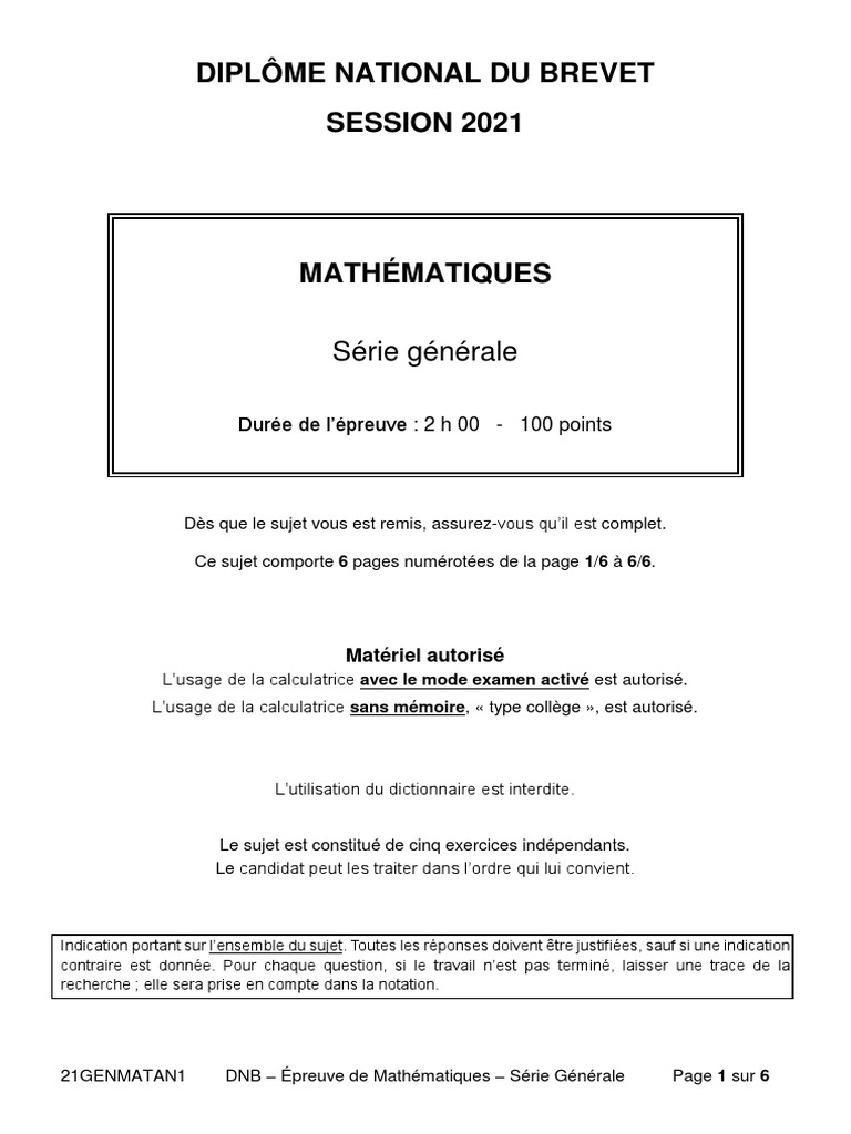 Sujet Brevet Maths 2021 Pdf Corrigé Dnb21 Mathematiques An | PDF | Enseignement des mathématiques | Science