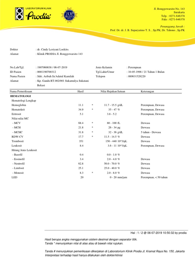 Hasil Medical Check Up Prodia | PDF