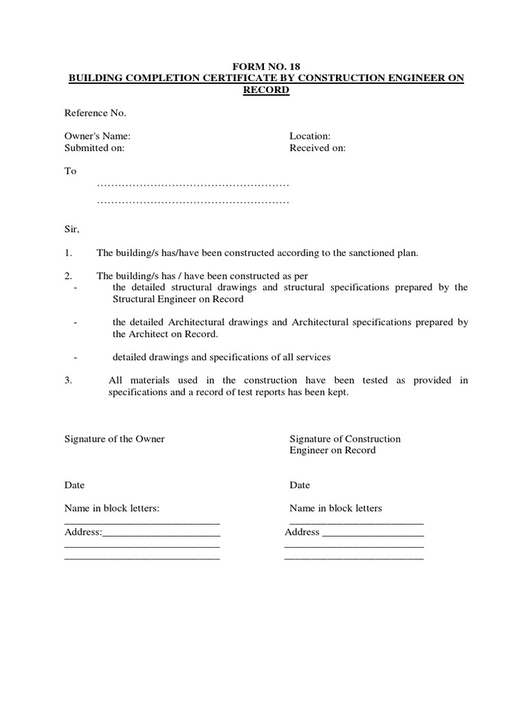 19.form-18-Building Completion Certificate by Construction Engineer On ...