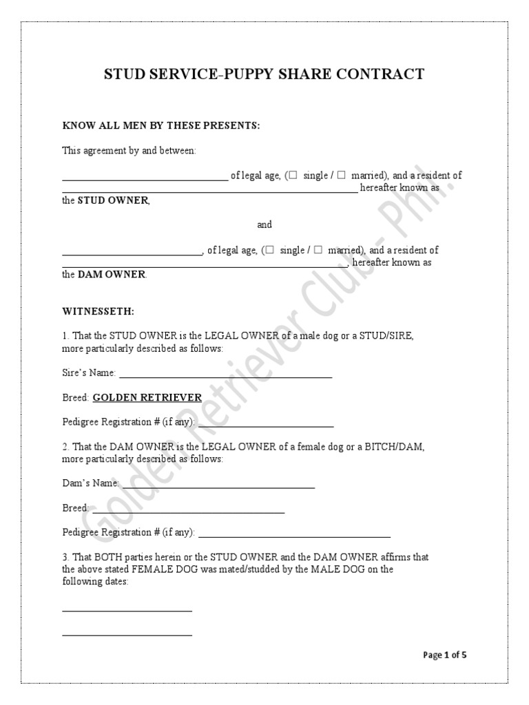 Stud Service - Puppy Share Agreement | PDF | Horse Breeding | Private Law