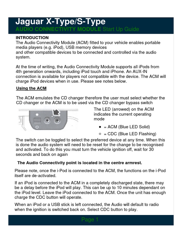 Jaguar XType/SType Audio Connectivity Module Start Up Guide PDF