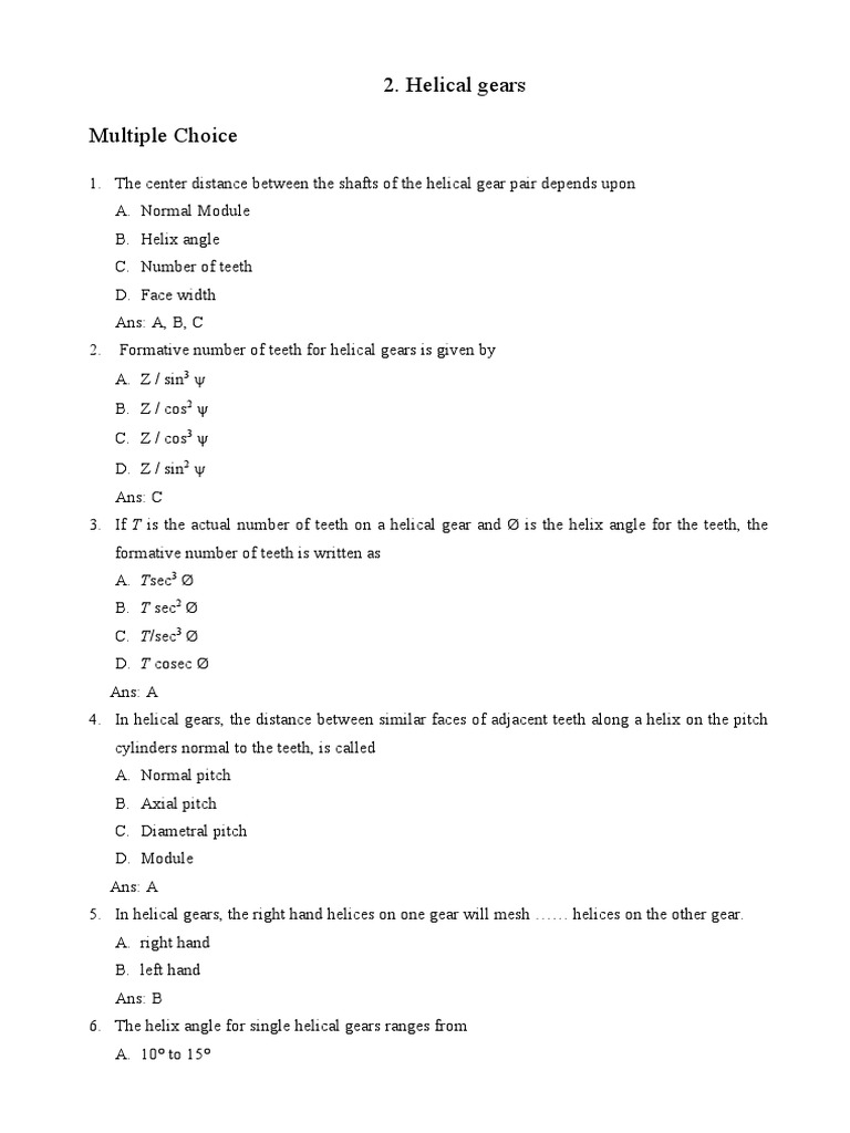 Ch. 2 Helical Gears MCQ PDF