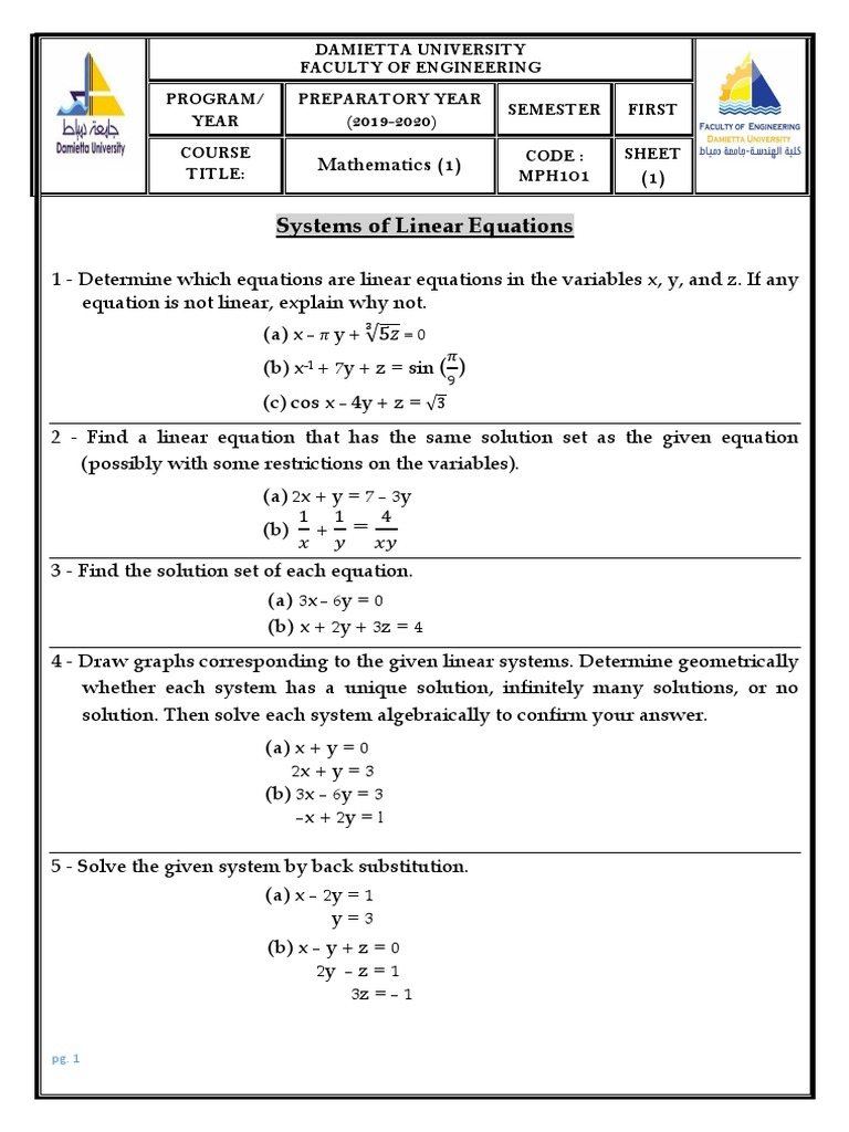 Systems of Linear Equations: Mathematics (1) 101 | PDF | System Of ...