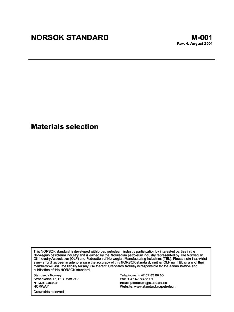 Norsok m-001 Materials 2004 | PDF | Corrosion | Pipe (Fluid Conveyance)