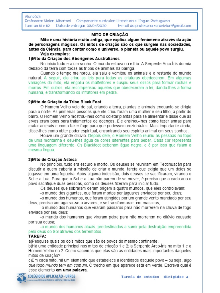 Mitos de Criação para o 4º e 5º Ano | PDF | Terra | Mito do Dilúvio