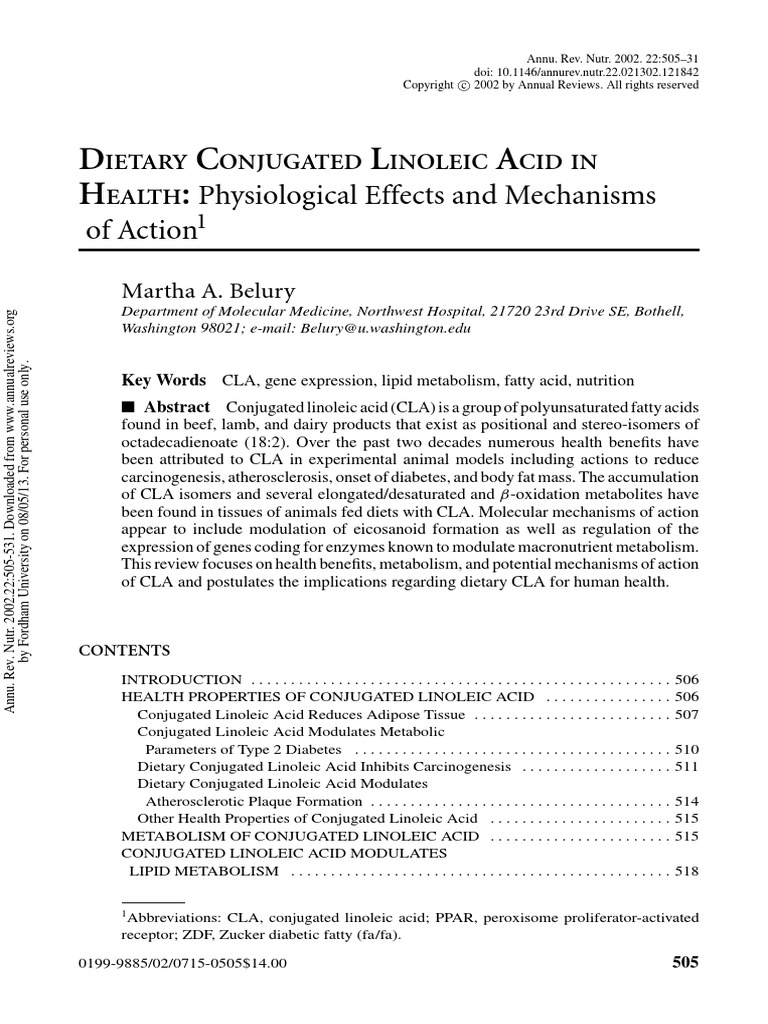 DIETARY CONJUGATED LINOLEIC ACID IN HEALTH Physiological EFFEcts and Mechanism of Action