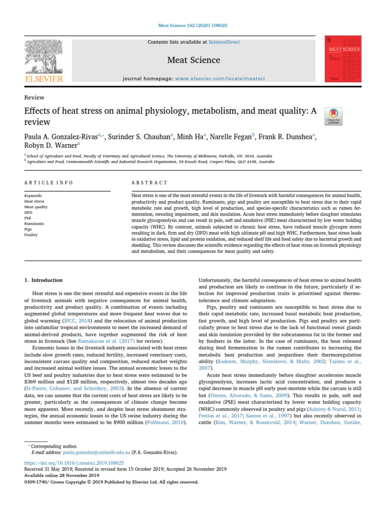 Effects of Heat Stress On Animal Physiology, Metabolism, and Meat