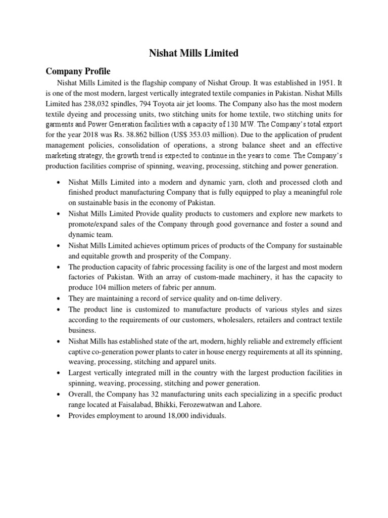 Nishat Mills Limited Zee PDF Spinning (Textiles) Weaving
