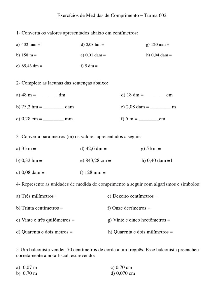 Exercícios de Medidas de Comprimento 4º Ano | PDF