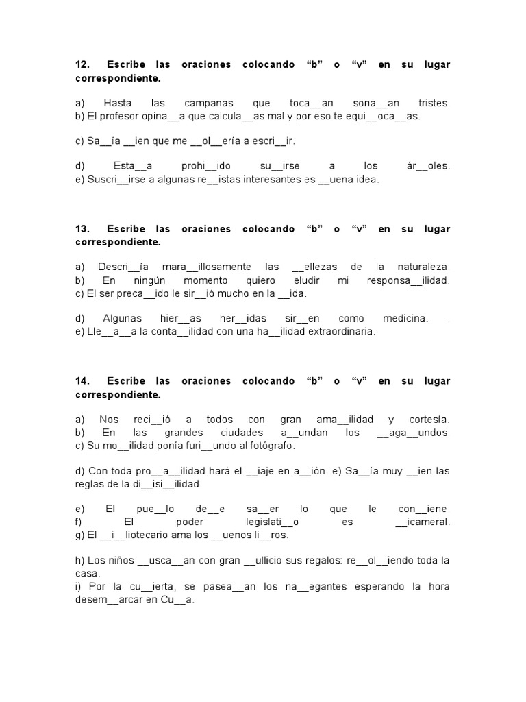 Ejercicios de Ortografía: Uso de "B" y "V" | PDF | Artes del Lenguaje y ...