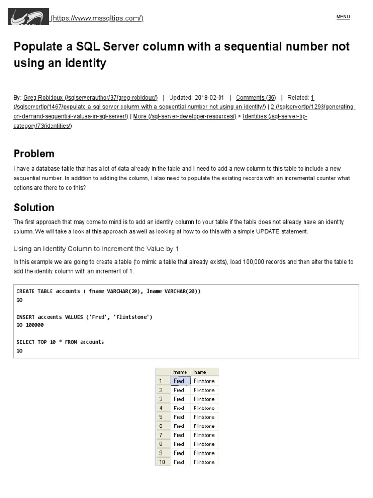 Populate SQL Server Column With Sequential Number Without Identity ...