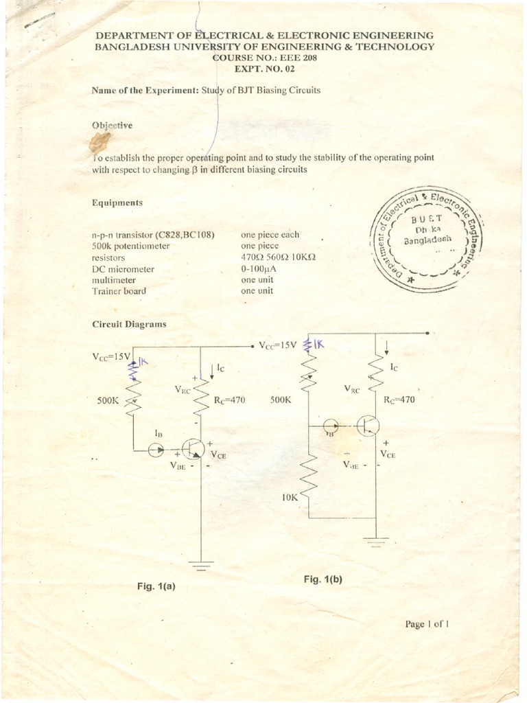 Study of BJT Biasing Circuits and Analysis of Circuit Stability Against