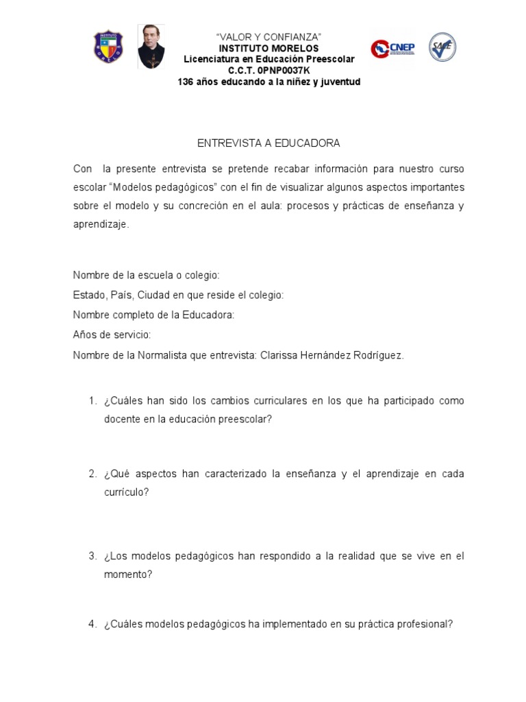 ENTREVISTA A EDUCADORA Modelos Pedag | PDF