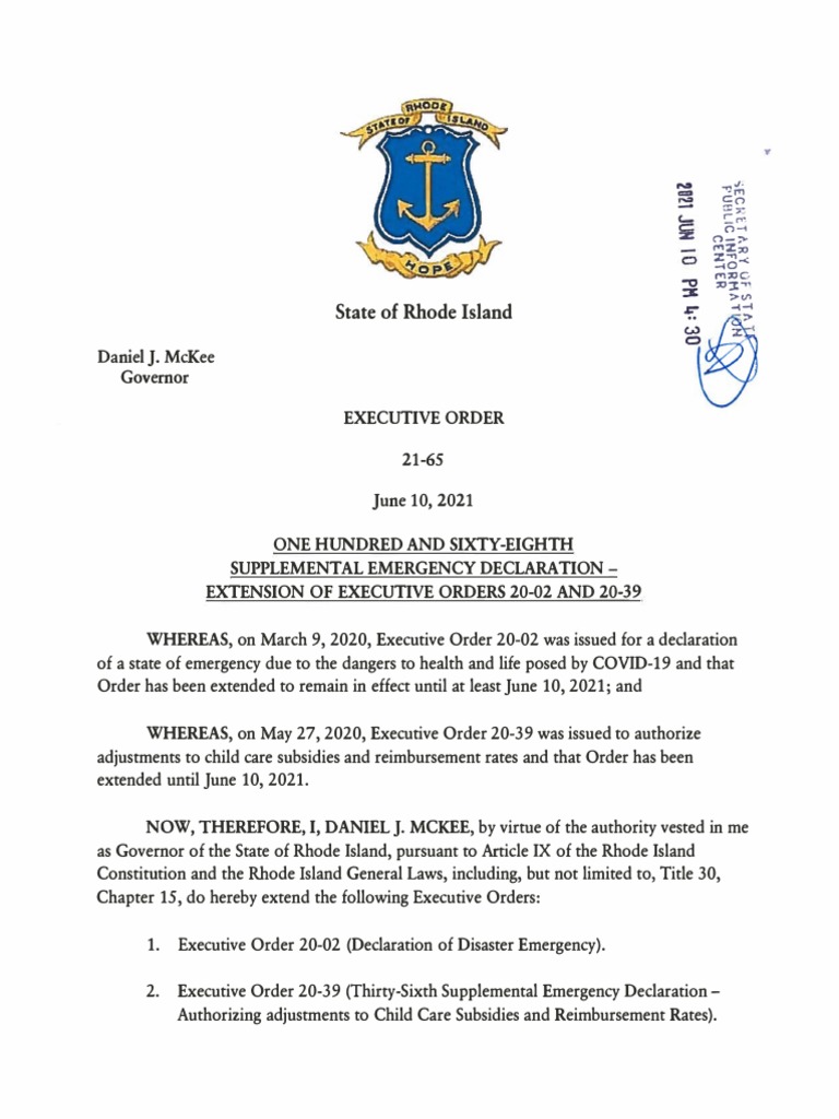 Gov. Mckee Extends State of Emergency PDF Executive Order State