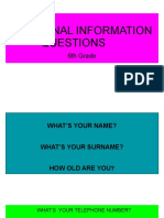 Personal Information Questions: 6th Grade