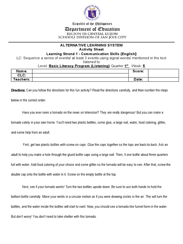 English - Sequencing - BLP Listening Quarter 1 - Week 3 | PDF ...
