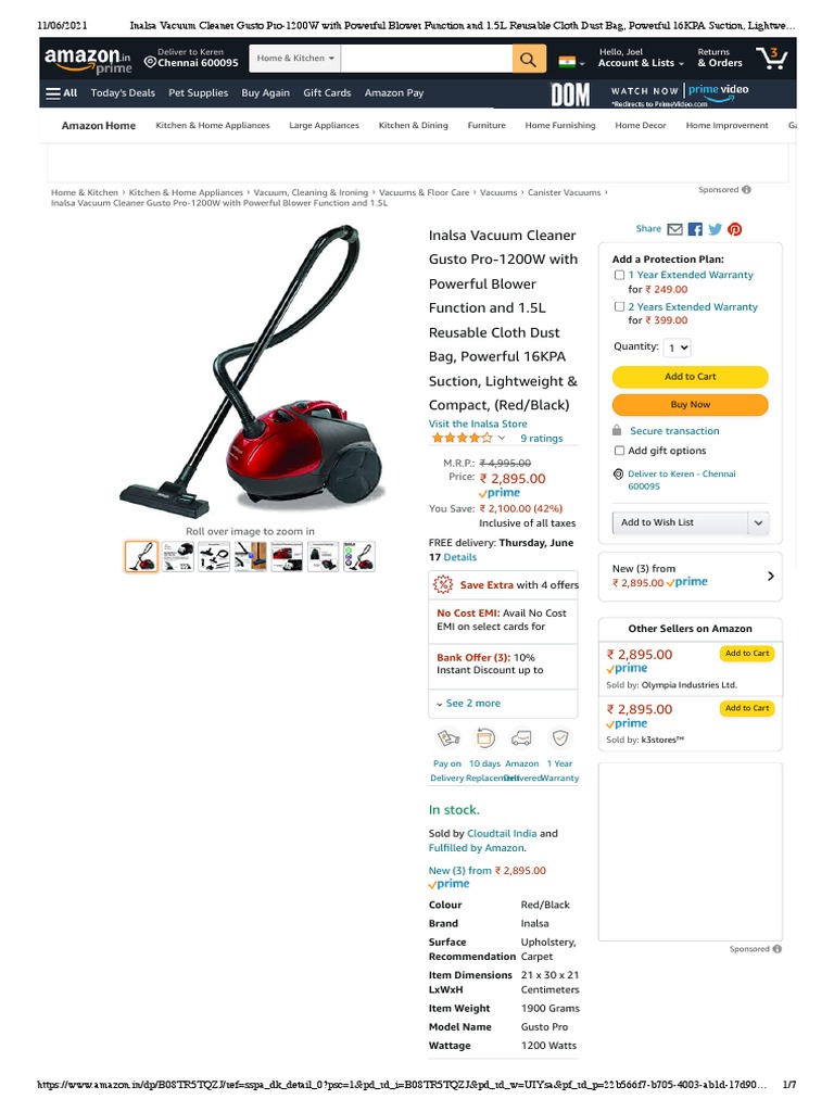 Inalsa Vacuum Cleaner Gusto Pro1200W With Powerful Blower Function and