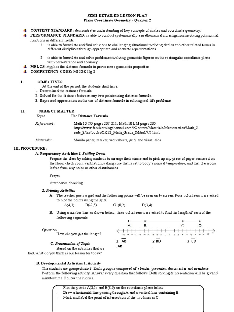 Semi Detailed Lesson Plan In Distance Formula PDF Distance Geometry