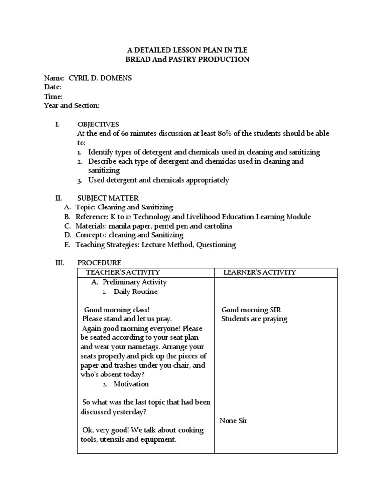 A Detailed Lesson Plan in Tle Bread and Pastry Production | PDF ...