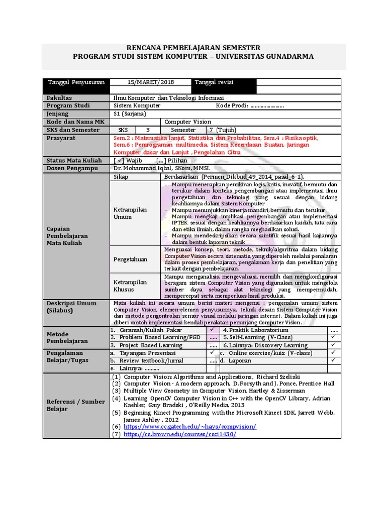Rencana Pembelajaran Computer Vision S1 | PDF | Komputer
