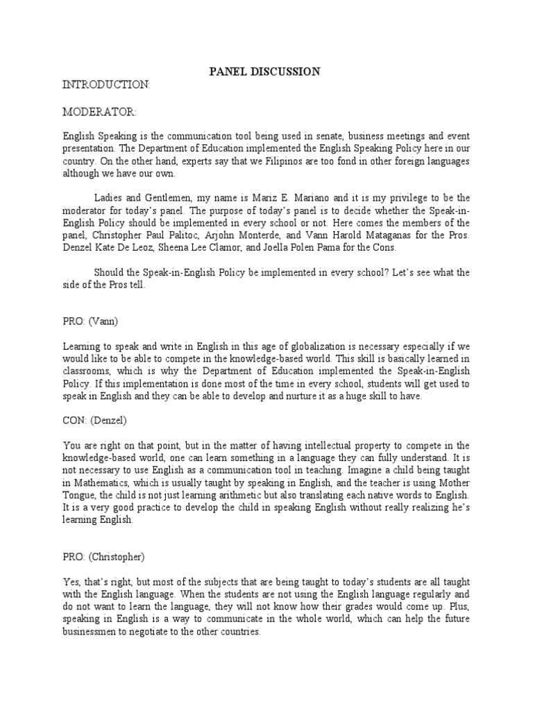 Panel Discussion PDF English Language First Language