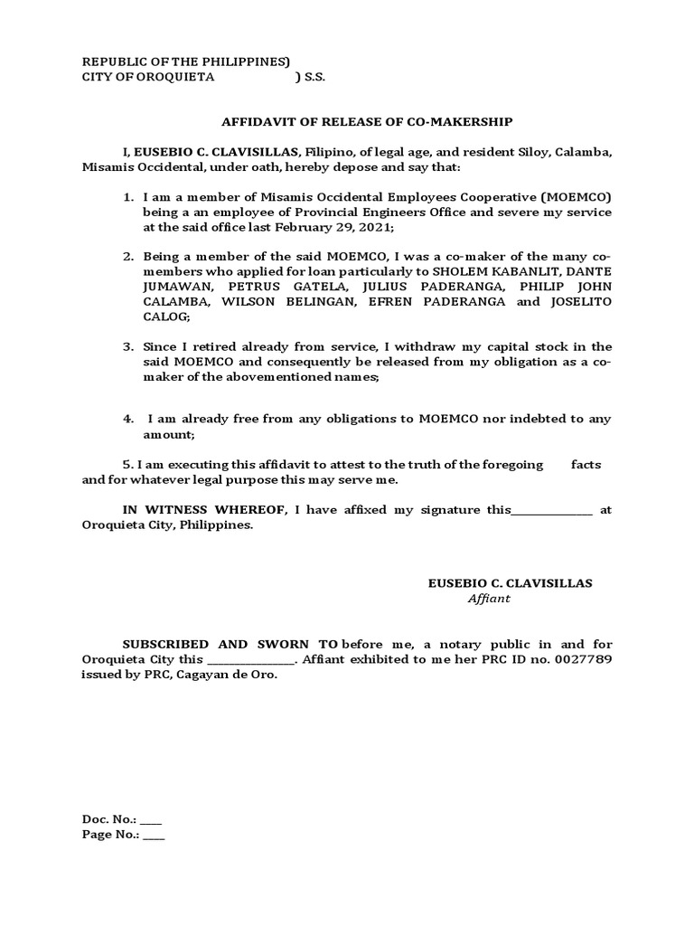 Affidavit of Release As Co-Maker | PDF | Finance & Money Management ...