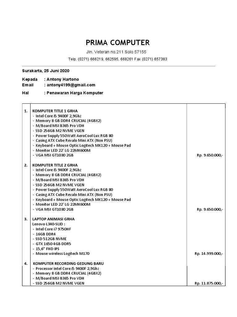 Penawaran Harga Komputer Prima Solo | PDF | Laptop | Personal Computers