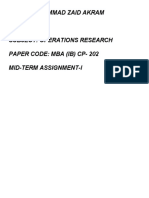 Name: Mohammad Zaid Akram Roll No: 30 Subject: Operations Research Paper Code: Mba (Ib) Cp-202 Mid-Term Assignment-I