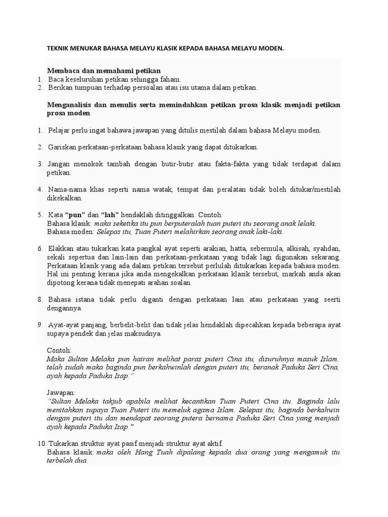 Melayu klasik standard bahasa kepada Penukaran BM