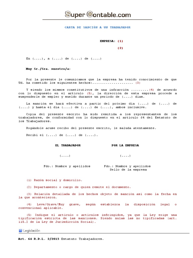 Modelo de carta de sanción laboral | PDF | Derecho
