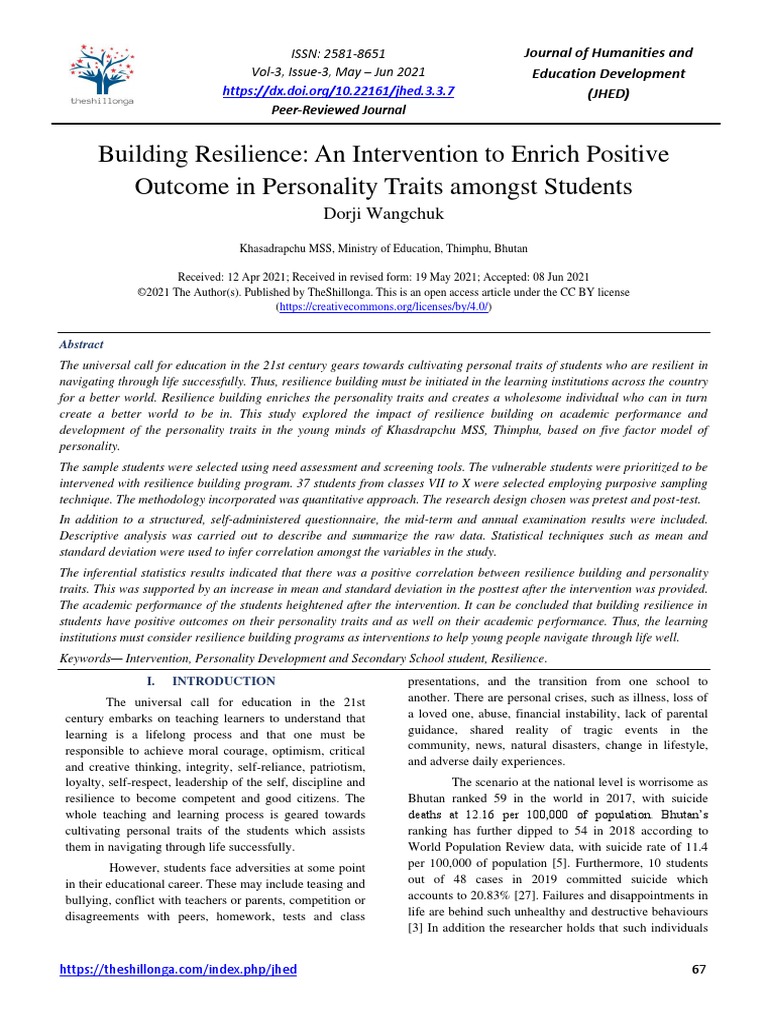Building Resilience An Intervention To Enrich Positive Outcome In