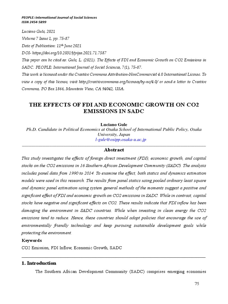The Effects of Fdi and Economic Growth On Co2 Emissions in Sadc | PDF ...