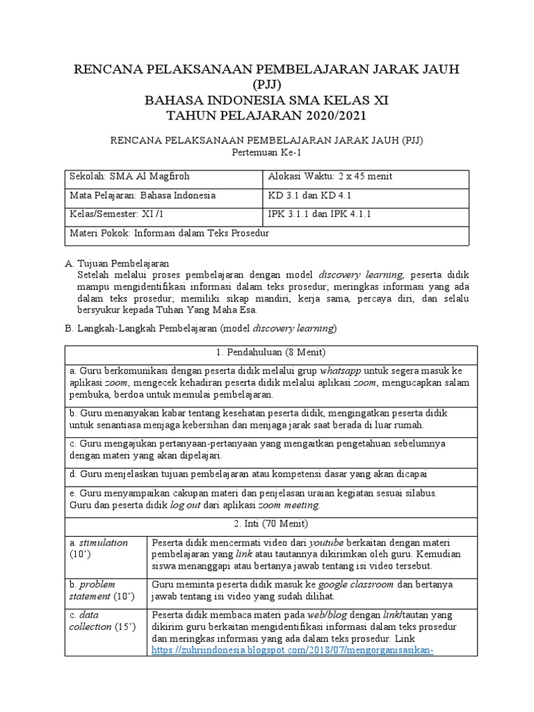 Contoh RPP PJJ Bahasa Indonesia Xi-Zuhri Indonesia | PDF