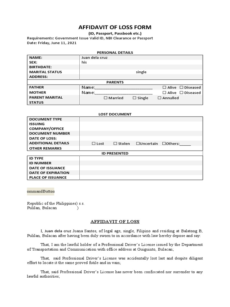 Affidavit of Loss for Documents | PDF | Affidavit | Document