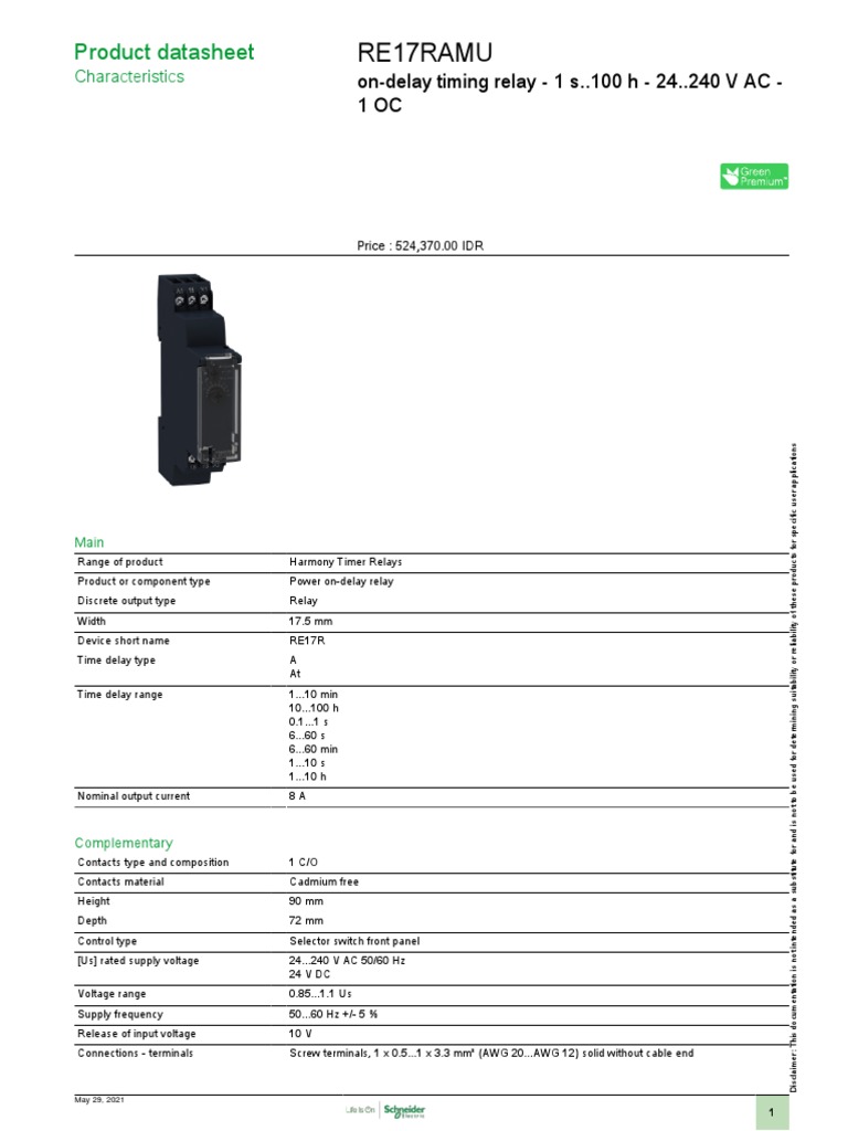 Zelio Timer Relays RE17RAMU PDF Relay Alternating Current