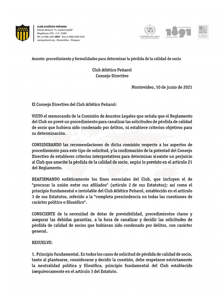 Resolución de Peñarol Por Pérdida de Calidad de Socios | PDF
