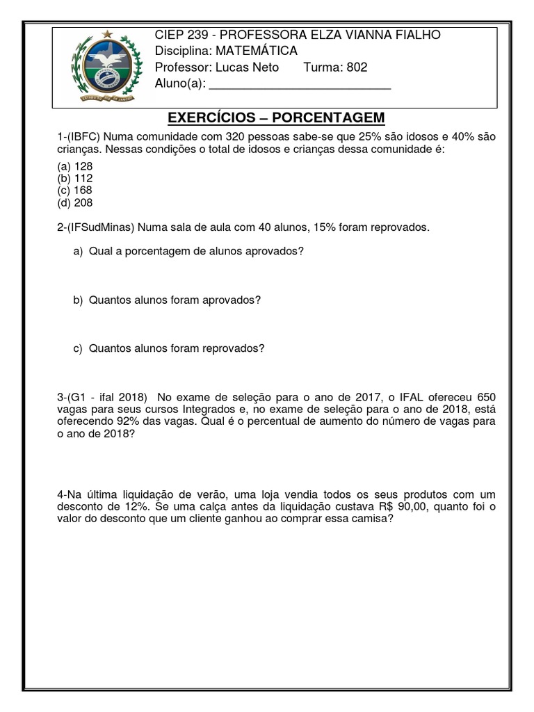 Exercícios de Porcentagem 8º Ano | PDF