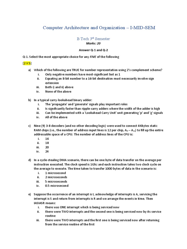 Computer Architecture Exam Questions | PDF | Computer Hardware ...