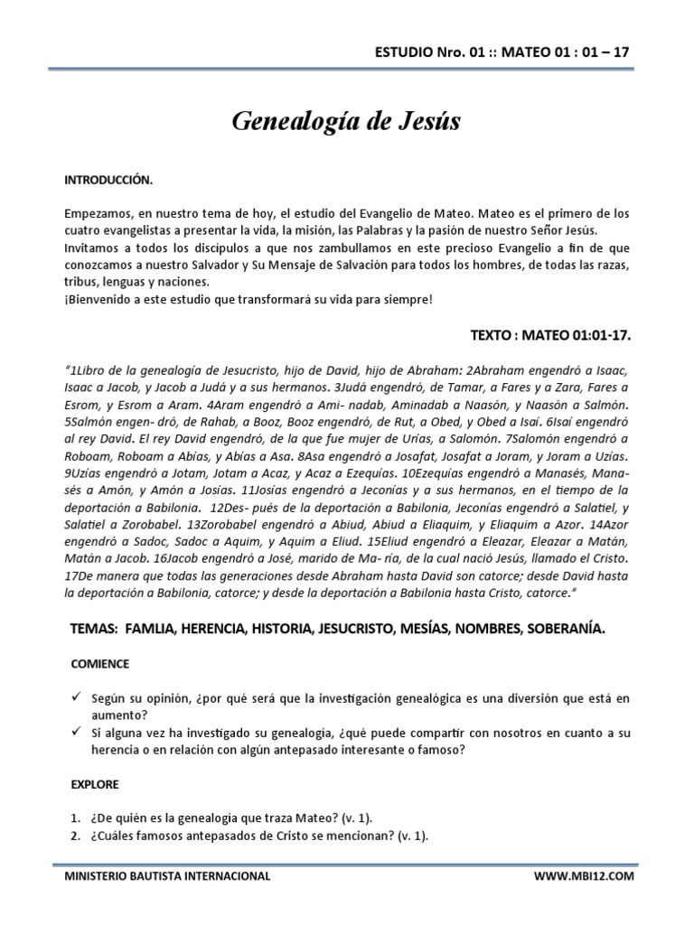 Nro 01 Genealogia De Jesus Mateo 01 01 17 Pdf Evangelio De