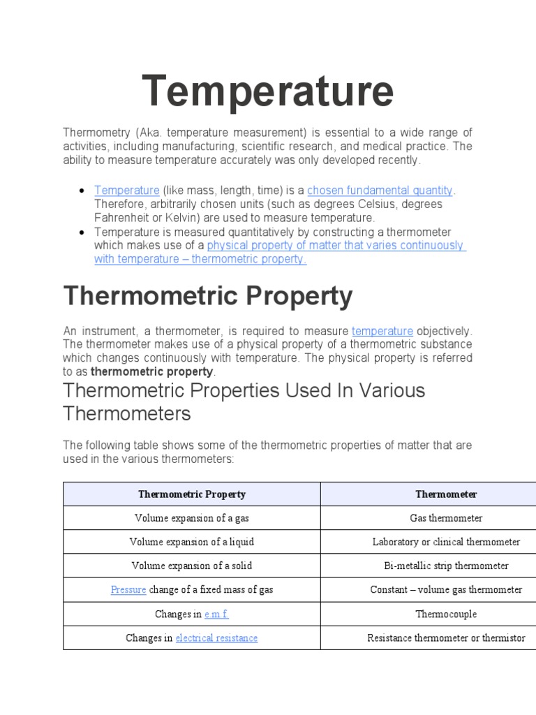 Thermometric Properties of Temperature | PDF | Thermometer | Temperature