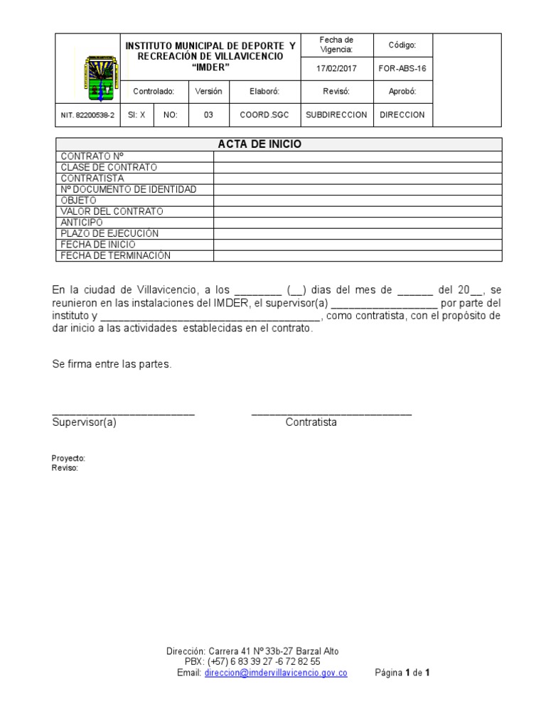 Acta de Inicio de Contrato IMDER Villavicencio | PDF | Negocios ...