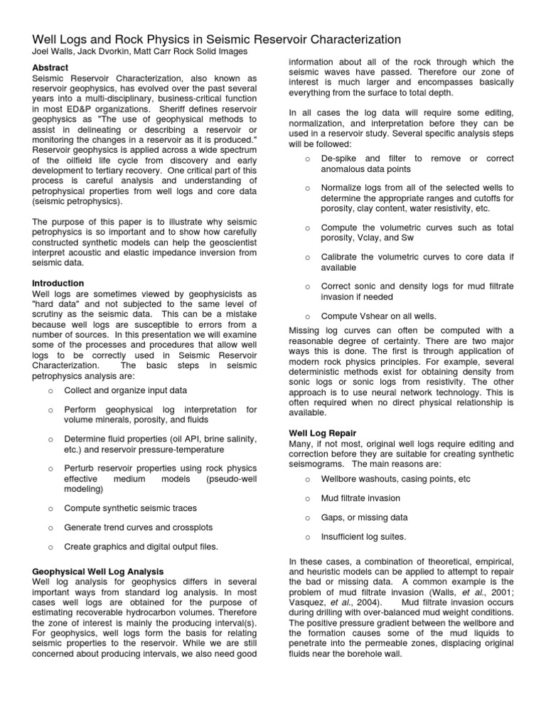 Well Logs and Rock Physics in Seismic Reservoir Characterization | PDF ...