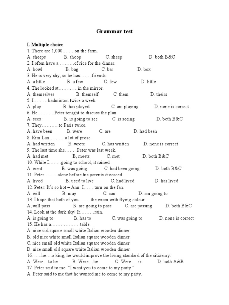 Grammar Test: I. Multiple Choice | PDF