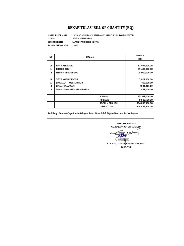 Rekap BQ Konsultansi Gor Polda Kaltim | PDF