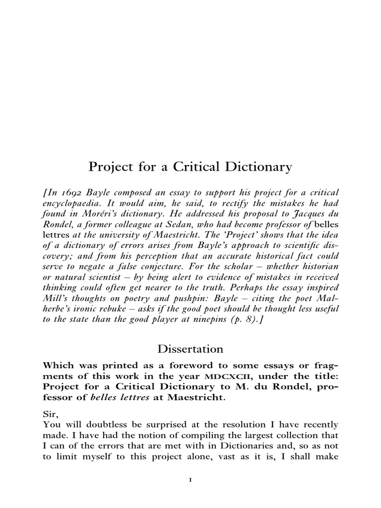 Bayle's Critical Dictionary Project | PDF | Teaching Mathematics | Science