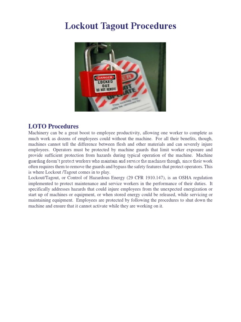 Lockout Tagout Procedures | PDF | Workplace | Occupational Safety And ...