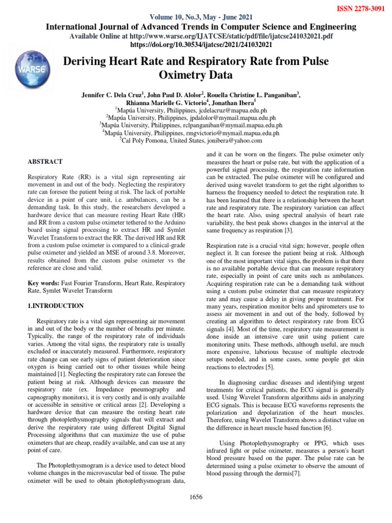 Deriving Heart Rate and Respiratory Rate From Pulse Oximetry Data | PDF ...