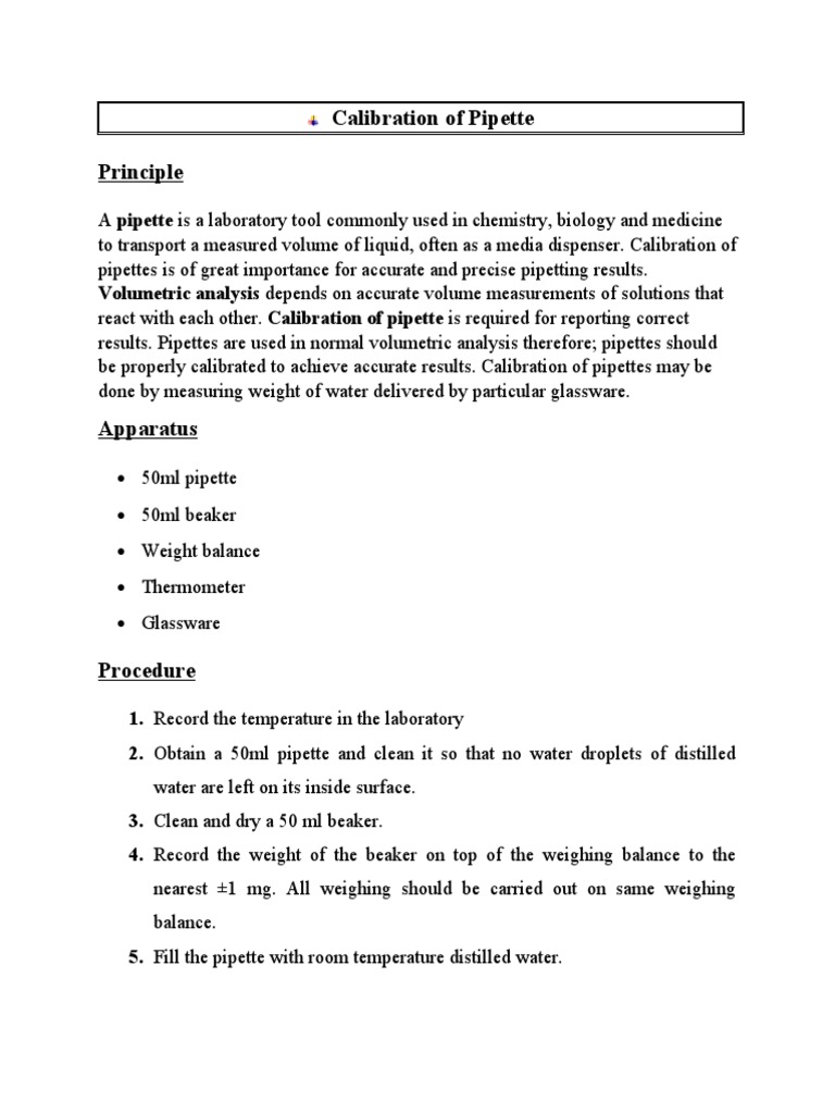 Calibration and Accuracy Assessment of a 50ml Pipette Through Volumetric Analysis PDF