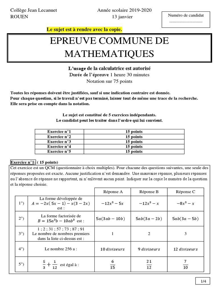 Sujet Brevet Maths 2020 Pdf Corrigé Brevet Blanc Math College Jean Lecanuet Janvier 2020 | PDF | Fréquence  cardiaque | Enseignement des mathématiques