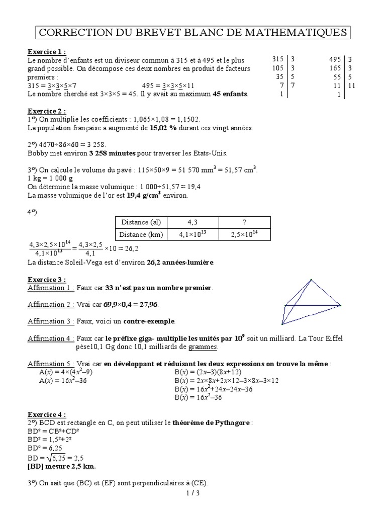 Sujet De Brevet Maths Avec Corrigé Pdf 2020 Brevet Blanc Math College Jean Monnet Fevrier 2020 Corrige | PDF |  Géométrie | Enseignement des mathématiques